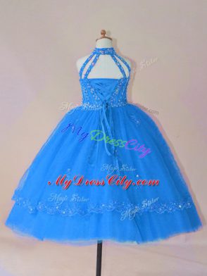 Blue Child Pageant Dress Wedding Party with Beading and Appliques High-neck Sleeveless Lace Up