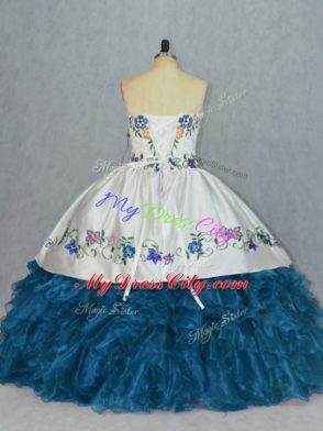 Blue Ball Gowns Sweetheart Sleeveless Organza Lace Up Embroidery and Ruffles 15th Birthday Dress