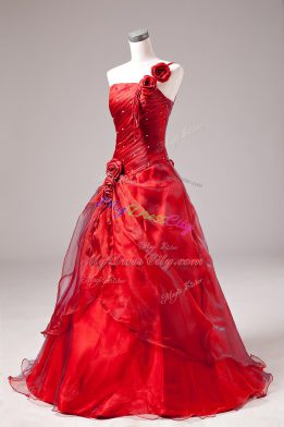 Charming Beading Ball Gown Prom Dress Red Lace Up Sleeveless Floor Length