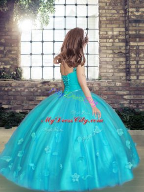 Beauteous Aqua Blue Sleeveless Tulle Lace Up Little Girls Pageant Dress Wholesale for Party and Wedding Party