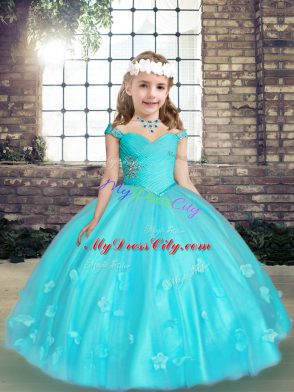 Beauteous Aqua Blue Sleeveless Tulle Lace Up Little Girls Pageant Dress Wholesale for Party and Wedding Party