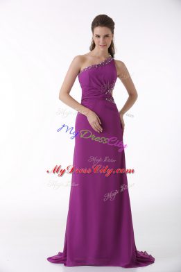 Elegant Fuchsia Homecoming Party Dress One Shoulder Sleeveless Brush Train Backless