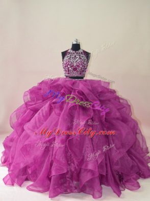 Fuchsia Ball Gowns Organza Scoop Sleeveless Beading and Ruffles Backless 15th Birthday Dress Brush Train