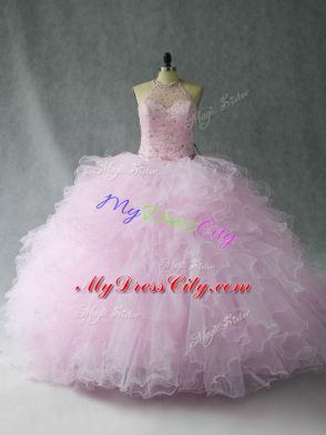 Edgy Halter Top Sleeveless Tulle Vestidos de Quinceanera Beading and Ruffles Lace Up