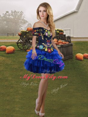 Delicate Floor Length Blue And Black Sweet 16 Dresses Off The Shoulder Sleeveless Lace Up