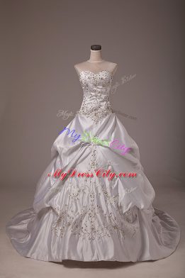 Deluxe White Lace Up Halter Top Beading and Embroidery and Pick Ups Wedding Gown Taffeta Sleeveless Brush Train