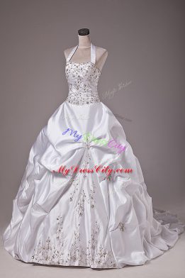 Deluxe White Lace Up Halter Top Beading and Embroidery and Pick Ups Wedding Gown Taffeta Sleeveless Brush Train