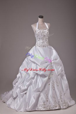 Deluxe White Lace Up Halter Top Beading and Embroidery and Pick Ups Wedding Gown Taffeta Sleeveless Brush Train