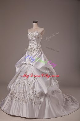 Deluxe White Lace Up Halter Top Beading and Embroidery and Pick Ups Wedding Gown Taffeta Sleeveless Brush Train