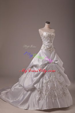 Deluxe White Lace Up Halter Top Beading and Embroidery and Pick Ups Wedding Gown Taffeta Sleeveless Brush Train