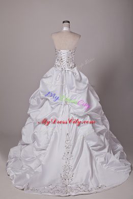 Deluxe White Lace Up Halter Top Beading and Embroidery and Pick Ups Wedding Gown Taffeta Sleeveless Brush Train