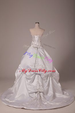 Deluxe White Lace Up Halter Top Beading and Embroidery and Pick Ups Wedding Gown Taffeta Sleeveless Brush Train