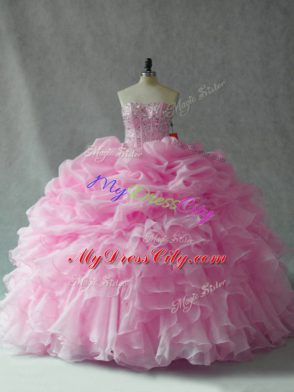 Baby Pink Sleeveless Beading and Ruffles and Pick Ups Lace Up 15th Birthday Dress