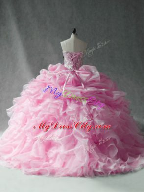 Baby Pink Sleeveless Beading and Ruffles and Pick Ups Lace Up 15th Birthday Dress