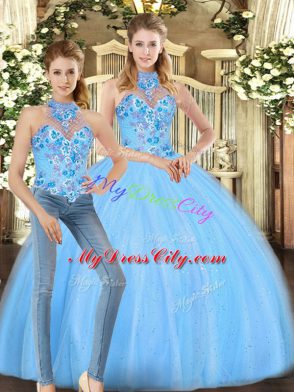 Custom Fit Sleeveless Tulle Floor Length Lace Up 15 Quinceanera Dress in Baby Blue with Embroidery