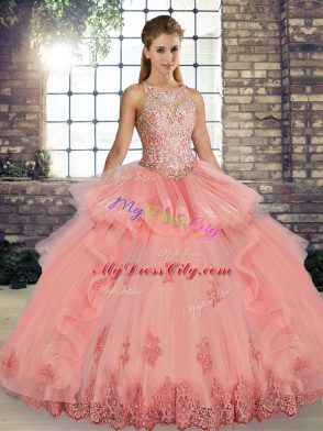 Watermelon Red Scoop Lace Up Lace and Embroidery and Ruffles Quinceanera Dresses Sleeveless