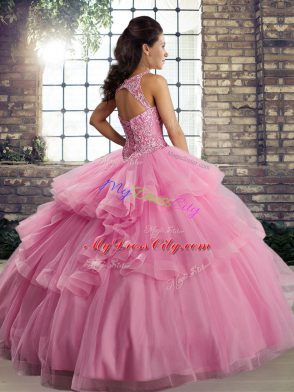 Watermelon Red Scoop Lace Up Lace and Embroidery and Ruffles Quinceanera Dresses Sleeveless