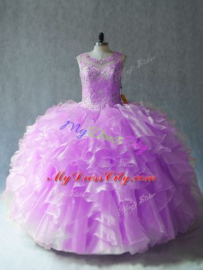 Smart Lilac Sleeveless Organza Lace Up Quince Ball Gowns for Sweet 16 and Quinceanera