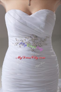 Fancy White Mermaid Beading and Ruffled Layers Wedding Dresses Lace Up Organza Sleeveless