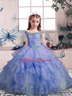 Floor Length Lavender Pageant Dresses Off The Shoulder Sleeveless Lace Up