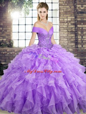 Lavender Sleeveless Beading and Ruffles Lace Up Ball Gown Prom Dress