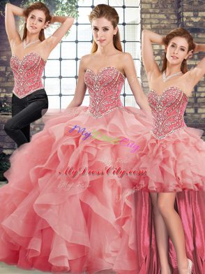 Gorgeous Sweetheart Sleeveless Tulle Ball Gown Prom Dress Beading and Ruffles Brush Train Lace Up