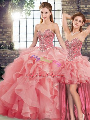 Gorgeous Sweetheart Sleeveless Tulle Ball Gown Prom Dress Beading and Ruffles Brush Train Lace Up