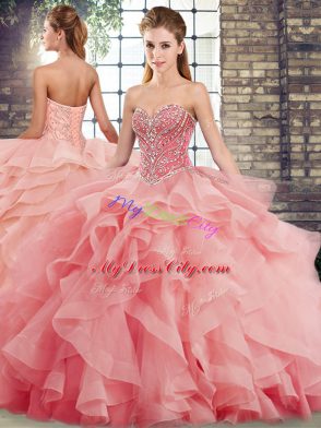 Gorgeous Sweetheart Sleeveless Tulle Ball Gown Prom Dress Beading and Ruffles Brush Train Lace Up