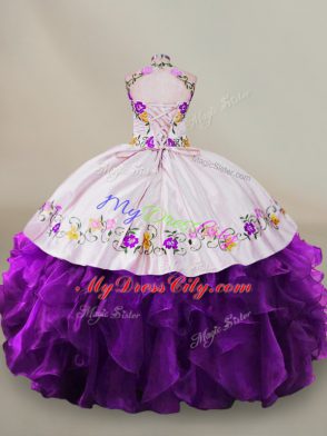 Low Price Floor Length White And Purple 15 Quinceanera Dress High-neck Sleeveless Lace Up