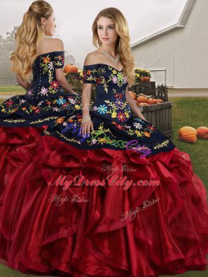 Red And Black Off The Shoulder Lace Up Embroidery and Ruffles 15th Birthday Dress Sleeveless