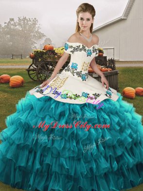 On Sale Floor Length Teal Quinceanera Gown Organza Sleeveless Embroidery and Ruffled Layers