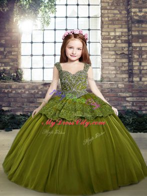 Beading Kids Formal Wear Olive Green Lace Up Sleeveless Floor Length