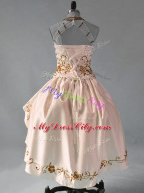 High Low Brown Prom Dress Satin and Organza Sleeveless Embroidery and Ruffles
