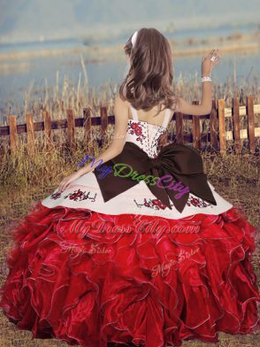 Stylish Straps Lace Up Embroidery and Ruffles Kids Pageant Dress Sleeveless