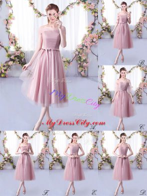 Pink Sleeveless Belt Tea Length Bridesmaid Gown