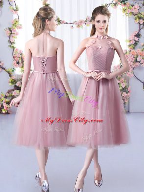 Pink Sleeveless Belt Tea Length Bridesmaid Gown