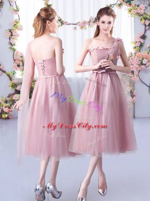 Pink Sleeveless Belt Tea Length Bridesmaid Gown