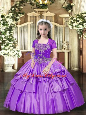 Lavender Lace Up Straps Beading and Ruffled Layers Little Girl Pageant Dress Taffeta Sleeveless