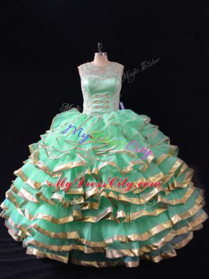 Sleeveless Organza Floor Length Lace Up Quinceanera Dress in Apple Green with Ruffles