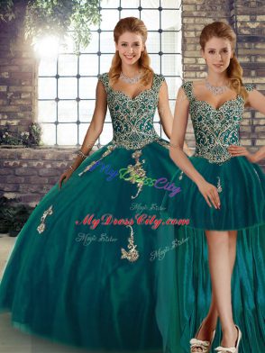 Eye-catching Peacock Green Lace Up 15th Birthday Dress Beading and Appliques Sleeveless Floor Length