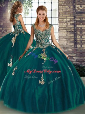 Eye-catching Peacock Green Lace Up 15th Birthday Dress Beading and Appliques Sleeveless Floor Length