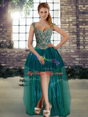 Eye-catching Peacock Green Lace Up 15th Birthday Dress Beading and Appliques Sleeveless Floor Length