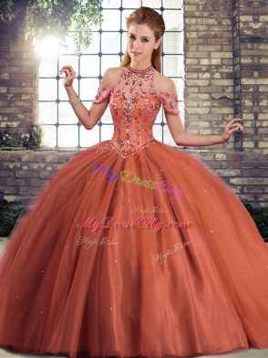 Smart Halter Top Sleeveless Brush Train Lace Up Quince Ball Gowns Rust Red Tulle