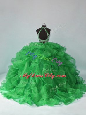 Popular Green Two Pieces Halter Top Sleeveless Organza Floor Length Backless Beading and Ruffles Quince Ball Gowns