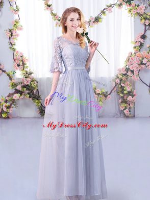 Half Sleeves Side Zipper Floor Length Lace and Belt Bridesmaids Dress