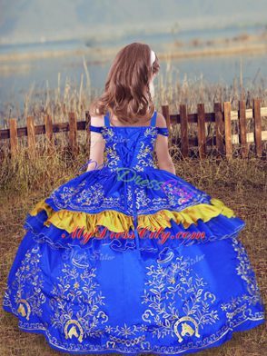 Hot Sale Turquoise Ball Gowns Off The Shoulder Sleeveless Satin Floor Length Lace Up Beading and Embroidery Kids Formal Wear