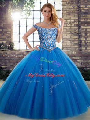 Blue Sleeveless Floor Length Beading Lace Up Sweet 16 Dresses