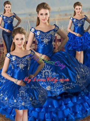 Off The Shoulder Sleeveless Sweet 16 Quinceanera Dress Floor Length Embroidery and Ruffled Layers Royal Blue Satin and Organza