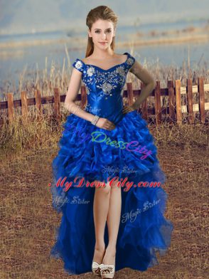 Off The Shoulder Sleeveless Sweet 16 Quinceanera Dress Floor Length Embroidery and Ruffled Layers Royal Blue Satin and Organza