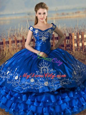 Off The Shoulder Sleeveless Sweet 16 Quinceanera Dress Floor Length Embroidery and Ruffled Layers Royal Blue Satin and Organza